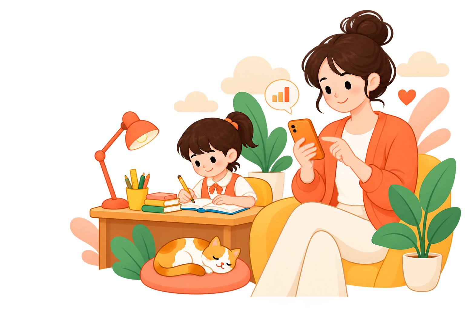 家长查看孩子学习状态的插画